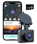 GPS Dash Cam With 32GB Card Included, Unlimited Cloud Storage, 24 Seven Parking Mode next to smartphone displaying live footage