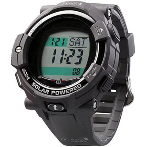 IQ-1204 DC Solar Link Dive Computer With Four Gas Mixes 21 To 100 Percent, solar rechargeable display showing date and time
