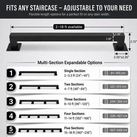 Eight Foot Wall Mount Stair Handrail Heavy Duty Steel Safety Grab Bar 500 Pound Capacity Indoor Outdoor Railing showing adjustable length options.