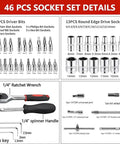 46 Piece One Quarter Inch Drive Socket Wrench Set With Pro Grade 72 Tooth Ratchet Chrome Vanadium Steel Tools details