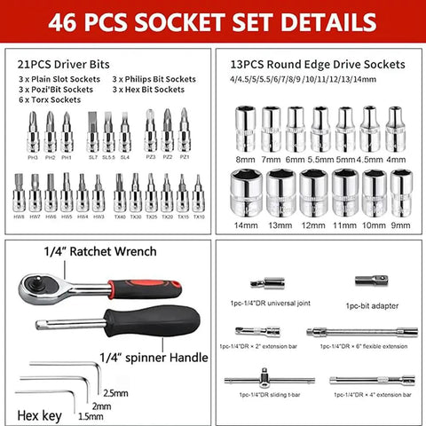 46 Piece One Quarter Inch Drive Socket Wrench Set With Pro Grade 72 Tooth Ratchet Chrome Vanadium Steel Tools details
