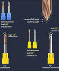Carbide spot drill bit D3x50L with yellow holder and blue cap; infographic showing angle guides for steel and aluminum