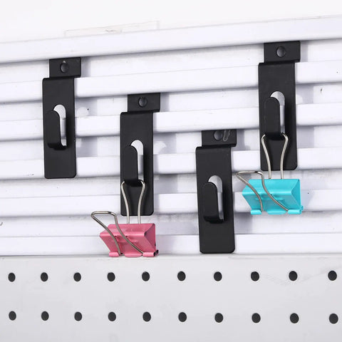 Black slatwall notch hooks for pegboard holding colored clips. 50 Pack Stainless Steel Slatwall Notch Hooks For Panels.