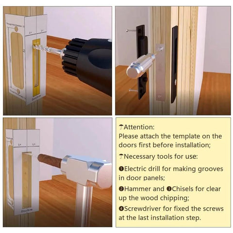 Installation steps for Privacy Pocket Door Lock With Key Hidden Barn Door Latch For Wooden Doors with necessary tools.