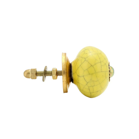 Real Deal Handmade Ceramic Drawer Knobs For Dressers And Kitchen Cabinets Featuring Snazzy Yellow Crackle Finish side view with bolt and washer