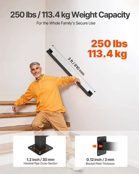Badass Industrial Wall Mount Stair Handrail, Three Foot Black Iron Staircase Grip Square Tube, Heavy Duty Dual Section Setup For Indoor Steps And Exterior Deck Railing Supporting Two Five Zero Pounds with 250 lbs capacity.