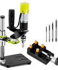 Electric Tapping Machine With Adjustable Tap Tool, Bench Vise, And Four Taps, A True Workhorse Tapping Tool For Metal Plastic Wood, Chuck Range 0.6mm To 6mm, Adjustable Angle, 100-200 RPM, 110V, showing all components.