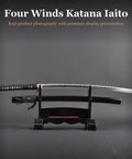 Unsharpened Aluminum Alloy Katana Iaito For Iaido Practice, 28-Inch Training Sword With Fuller Groove showcased on black stand