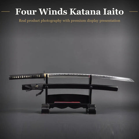 Unsharpened Aluminum Alloy Katana Iaito For Iaido Practice, 28-Inch Training Sword With Fuller Groove showcased on black stand