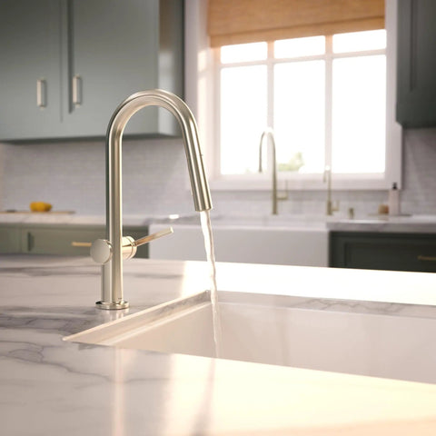 hansgrohe Talis N Pull Down Kitchen Faucet, Modern, Magnetic Hand Sprayer, 1-Handle, 1.75 GPM, Polished Nickel, 72866831, close-up at sink.