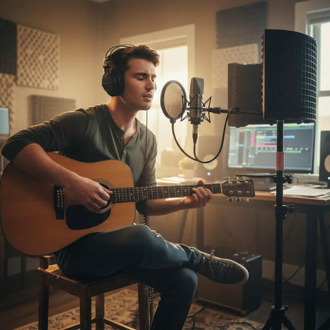 Young man playing acoustic guitar with a 6 Panel Microphone Isolation Shield With Adjustable Metal Stand For Podcast Recording Studio Vocal Booth Sound Deadening Screen.