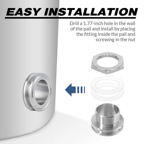 Installation of 2 Inch Tri Clamp Bulkhead Fittings Stainless Steel 304 Weldless Bulkhead For Kettles, shown with components.