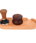 Top Shelf Espresso Tamper And Coffee Distributor Station Kit Featuring Natural Wood Handle Anti Slip Base Pro Level 53Mm Portafilter Tool For Home Kitchens with rubber base and wooden handles.