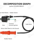 Decomposition graph of Ignition Coil MPN 3085227 with labeled parts, including silicon steel sheets, rubber sleeve, and cable wire.