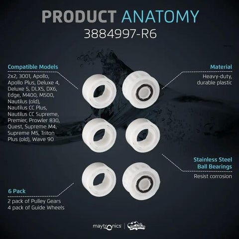 Genuine Replacement Guide Wheels Four Pack With Two Pulley Gears Fits Nautilus CC Plus Premier Supreme And Treadmills image showing durable plastic guide wheels and metal gears.