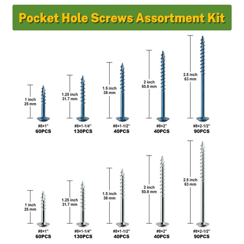Pocket Hole Screws Assortment Kit 720 Pieces In 5 Sizes For Indoor And Outdoor Projects, Zinc Coated Anti-Rust Coarse Thread