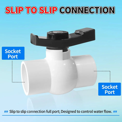 2 Inch Slip PVC Ball Valve Set With Double Socket Full Flow Port, Two-Pack 2'' Shut Off Valves with T-Handle, SCH40