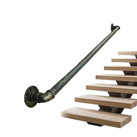Heavy Duty Badass Wrought Iron Pipe Stair Handrail For Indoor Outdoor Use Rock Solid Wall Mount Banister, bronze finish on wooden stairs.