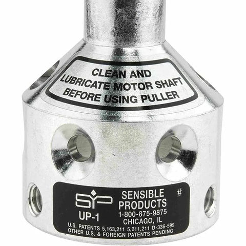 RepSupplements Up1 Ultimate Fan Blower Remover Tool, aluminum construction with warning label for motor shaft lubrication.