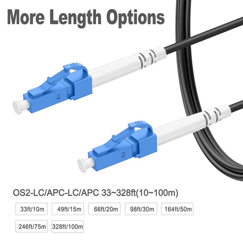 OS2 LC to LC Armored Fiber Patch Cable Single Mode 100FT with blue connectors and cable length specifications.