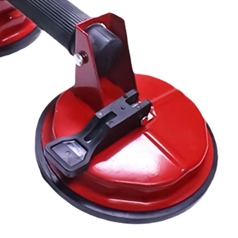 Professional Grade Heavy Duty Double Claw Vacuum Suction Cup Lifter Handles Glass Tile Wall Panel And Car Windshield Featuring Hella Strong Suction Force close-up of red suction cup handle with steel frame and rubber rim