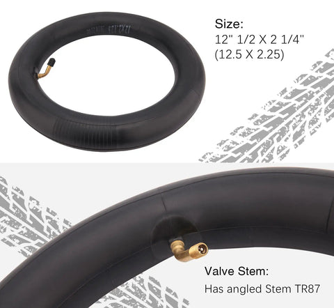 Close-up of Two Pack 12.5x2.25 Inner Tubes with angled TR87 valve stem for 12 to 12.5 inch tires on scooters and mini bikes.