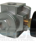 Close-up of Heavy Duty In-Line Air Pressure Regulator For Air Compressors, Adjustable 7 PSI To 215 PSI, silver metal design