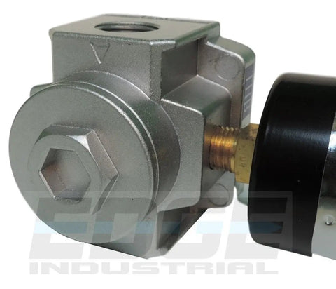 Close-up of Heavy Duty In-Line Air Pressure Regulator For Air Compressors, Adjustable 7 PSI To 215 PSI, silver metal design