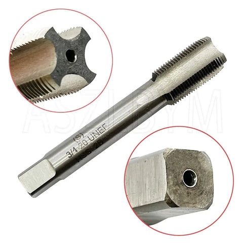 Close-up of 3/4-20 HSS Tap from tap and die set, showing UNEF threads and high-speed steel material details