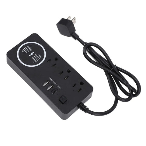 7 In 1 Power Strip Surge Protector With 30W Rapid Charging 3 AC Outlets 3 USB Ports Super Slick Flat Plug Design viewed from above.
