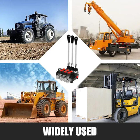 Three Spool 11 GPM Hydraulic Flow Control Valve With Heavy Duty G Ports Adjustable Relief Lever Handle Double Acting Parallel Center For Tractor Loaders Small Tractors Log Splitters And Joystick Compatibility with images of tractors and machinery