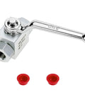 QWORK hydraulic ball valve, front view, 3/8'' NPT, chrome body, 2-way shut-off; two red end caps.