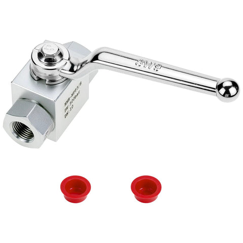 QWORK hydraulic ball valve, front view, 3/8'' NPT, chrome body, 2-way shut-off; two red end caps.