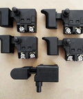 Badass Replacement Speed Regulating Switch For Electric Drill Planer And Marble Cutter With 250V Push Button displayed from top view showing five black switches.