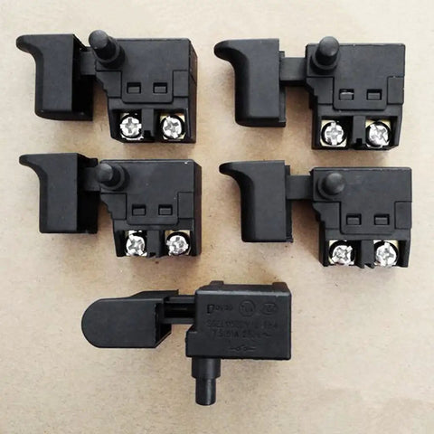 Badass Replacement Speed Regulating Switch For Electric Drill Planer And Marble Cutter With 250V Push Button displayed from top view showing five black switches.