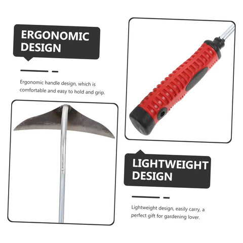 Lightweight Garden Hand Hoe Weeding Tool With Non Slip Handle shown with metal hoe blade and red ergonomic handle