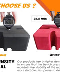 Comparison of a black Half To One Board Bench Press Block For Your Home Gym Adjustable Press Aid and a red block showing material density measurements