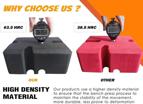 Comparison of a black Half To One Board Bench Press Block For Your Home Gym Adjustable Press Aid and a red block showing material density measurements