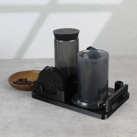 3D Printed Coffee Utensil Station Holder That Keeps Your Kitchen Counter Clean With A Slick Drip Catcher Tray, black storage with drip tray.