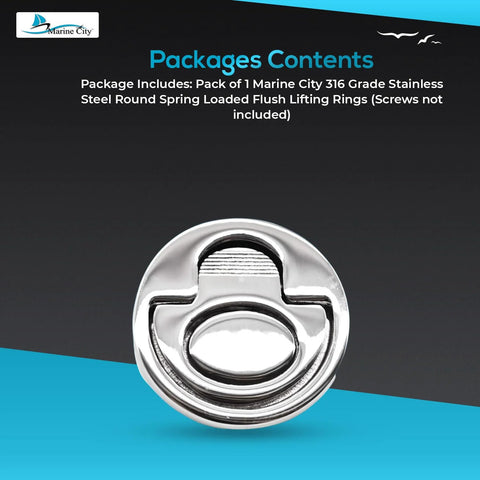 Marine City front-view round spring-loaded flush lifting ring, 316 stainless steel, 2-inch diameter