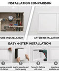 Before and after installation of Built Tough Heavy Duty Ceiling Access Panel With Secure Magnetic Push Latch for drywall.