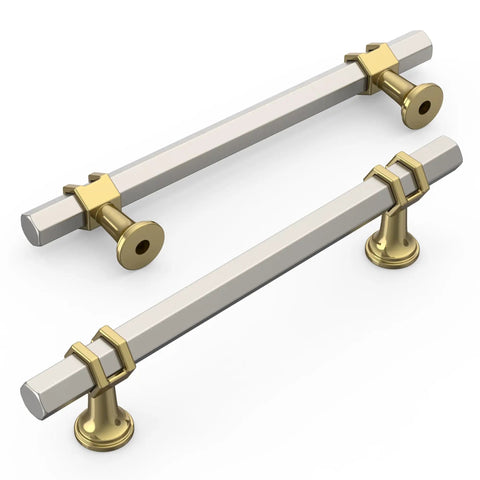 Premium Brushed Satin Nickel And Gold Cabinet Pulls 10 Pack featuring sleek modern handles with 128mm spacing for drawers.