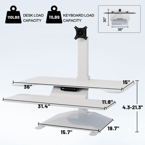 36 Inch Electric Standing Desk Converter Height Adjustable Sit Stand Workstation Riser For Home Office Ergonomic Computer Desk White dimensions with weight capacity.