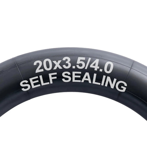 Close-up of 2 Pack Self Sealing Fat E Bike Tubes 20 By 4 Inch Puncture Resistant Inner Tubes With 32mm Schrader Valve Compatible With 20 By 3.5 To 4.0 Fat Bike Tires 89 102 406 showing size markings on the tube.