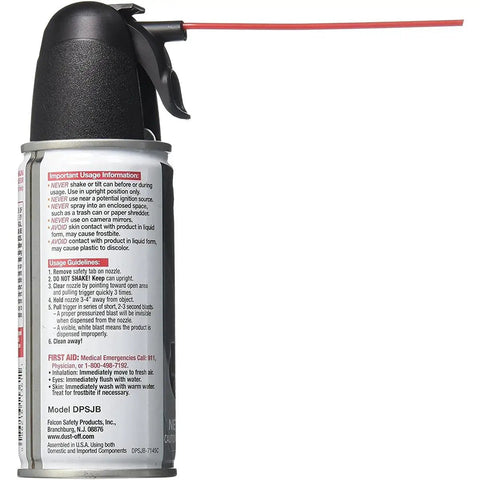 Side view of Dust Off 152a Disposable Cleaning Duster, 3.5 Oz Can, showing usage instructions and red nozzle spray for electronics.