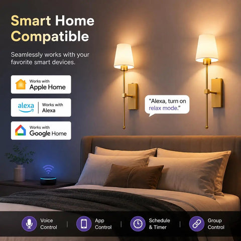 Supleap Battery Operated Wall Sconces Set of 2, Matter Smart Wall Lights illuminating a bedroom with smart home compatibility.