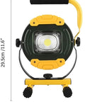 30W Portable Floodlight, Led Construction Flood Lights Outdoor Waterpr,，， with yellow handle and stand, showcasing size and design features.