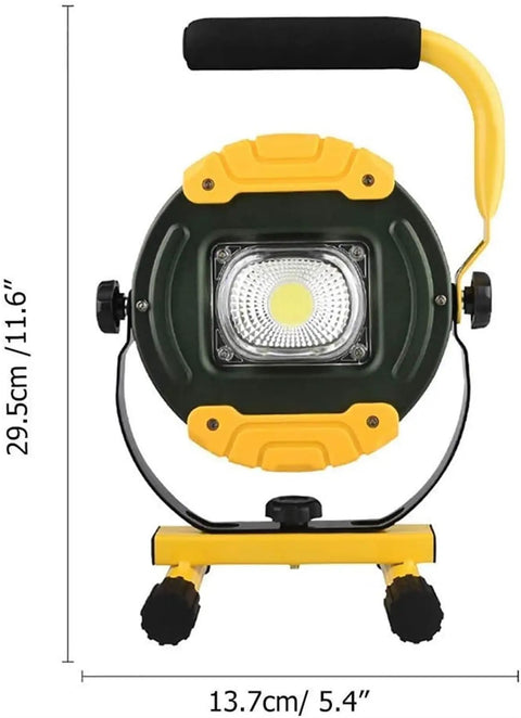 30W Portable Floodlight, Led Construction Flood Lights Outdoor Waterpr,，， with yellow handle and stand, showcasing size and design features.