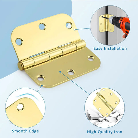 Heavy Duty 3.5 Inch Brass Door Hinges With Brushed Golden Finish, showing smooth edge and easy installation features.