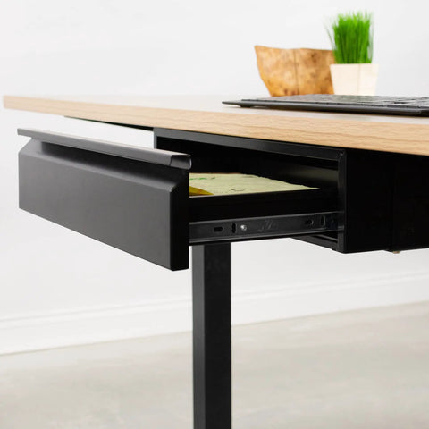 Under Desk Pullout Drawer 18 Inch Slide Out Storage Organizer For Home Office Black Keeps Clutter Down And Workflow Smooth With Easy Access Desk Hack DESKAC03B shown partially open under a desk with papers inside.